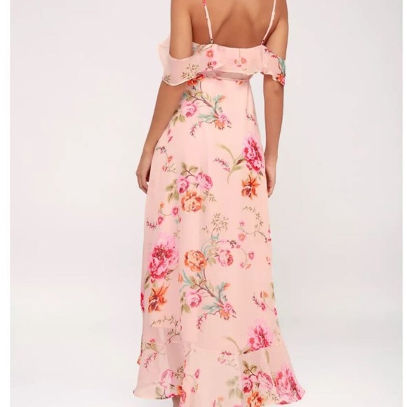 Lulus Ella blush pink floral high low midi off shoulder dress ruffle yellow blue - Picture 3 of 7
